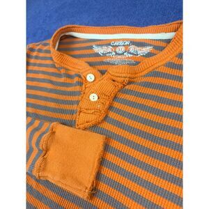 Carbon Mens XL Orange Gray Striped Waffle Knit Distressed Henley Shirt Y2K